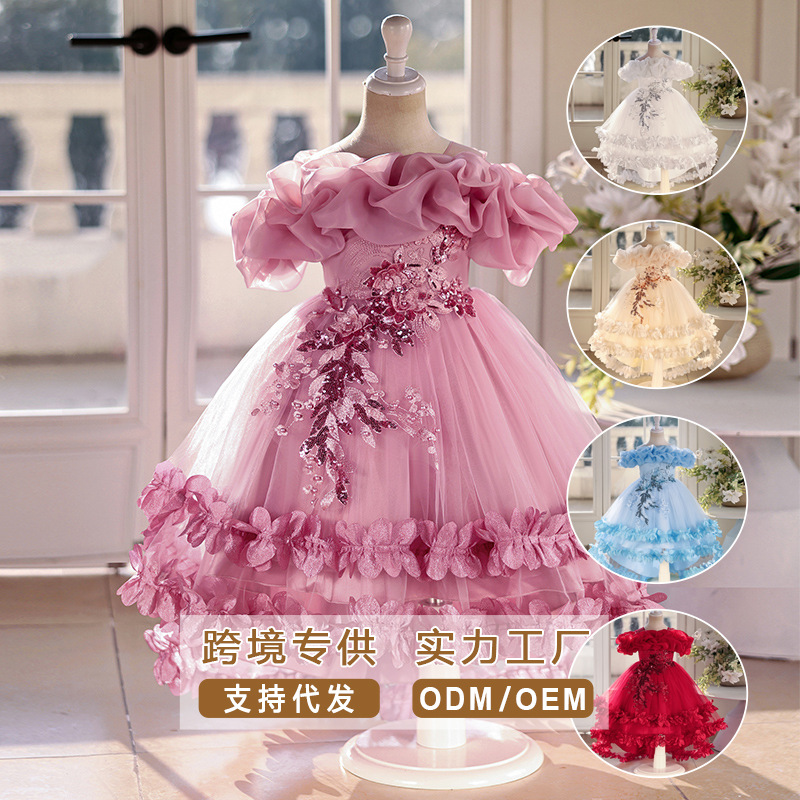 Vestido infantil transfronterizo, vestido de novia de alta gama, vestido de princesa, vestido de actuación de piano para niña de las flores, vestido hinchado para niña