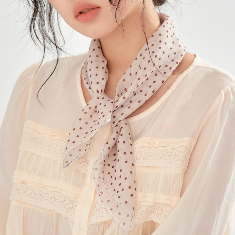 핑크 다크 브라운 폴로 도트 스퀘어 스카프