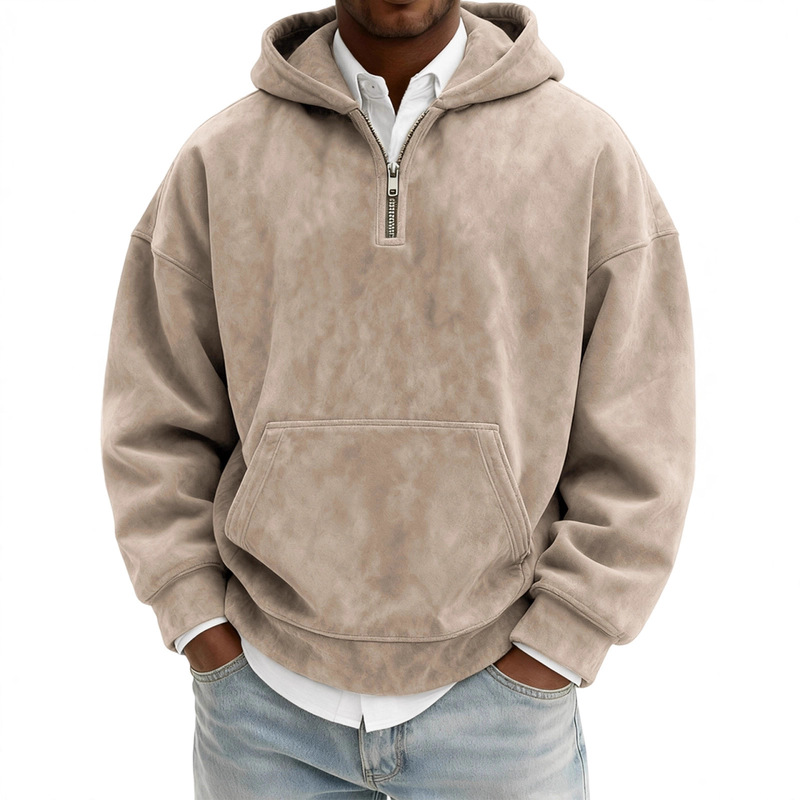 Cross-Border Amazon American Distressed Hooded Sweatshirt for Men Pure Color Suede Half-Zip Hoodie for Men in Autumn and Winter Cross-Border Amazon American Distressed Hooded Sweatshirt for Men Pure Color Suede Half-Zip Hoodie for Men in Autumn and Winter