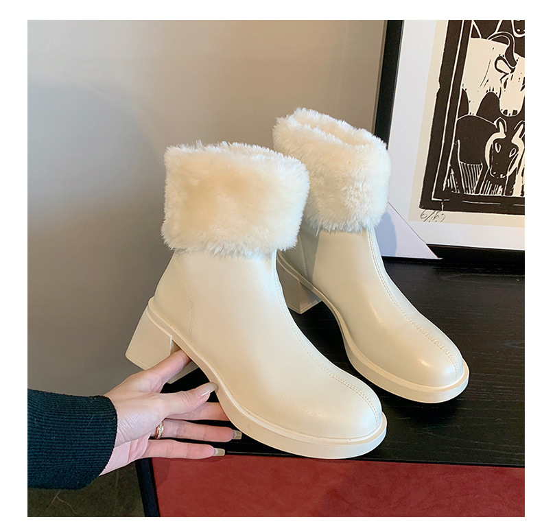 Women’s White Ankle Boots With Velvet Lining And Block Heels_voghion.com