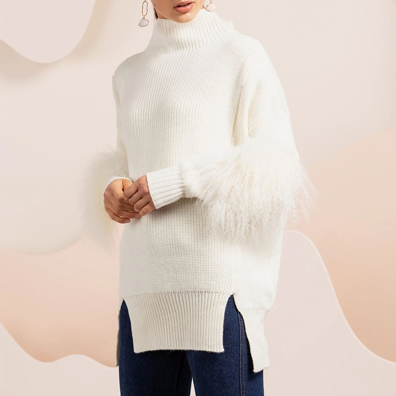 In stock turtleneck white sweater autumn and winter loose top slightly long slightly split sleeve furry decoration for women In stock turtleneck white sweater autumn and winter loose top slightly long slightly split sleeve furry decoration for women