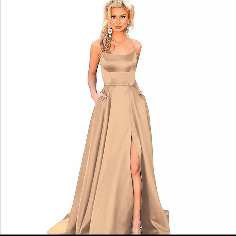 El Comercio exterior europeo y americano Amazon AliExpress deseo vestido de noche de las mujeres sexy Correa simple satén vestido largo