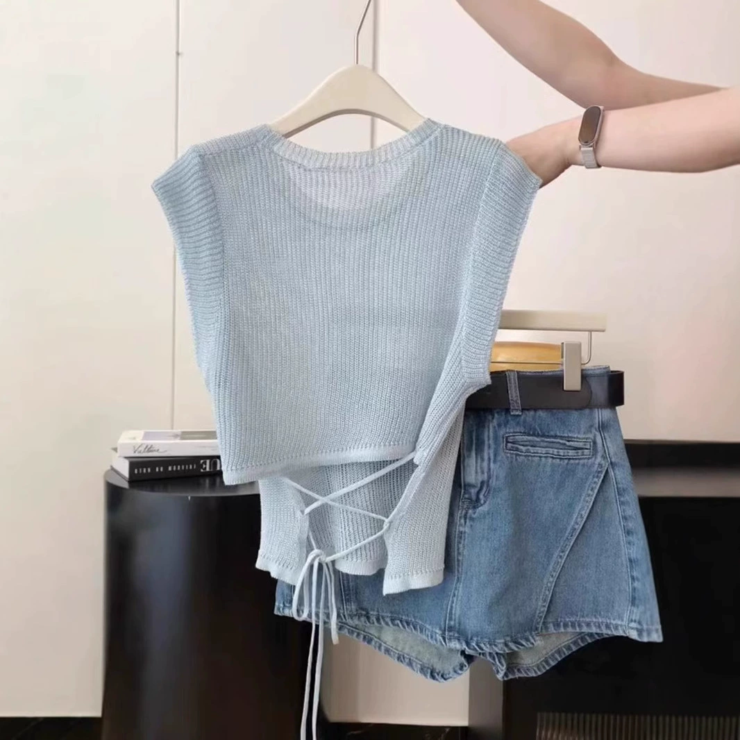 Готовый товар, полые бретели на спине, маленькие летящие рукава, женские летние трикотажные топы с короткими рукавами в корейском стиле, утягивающие талию