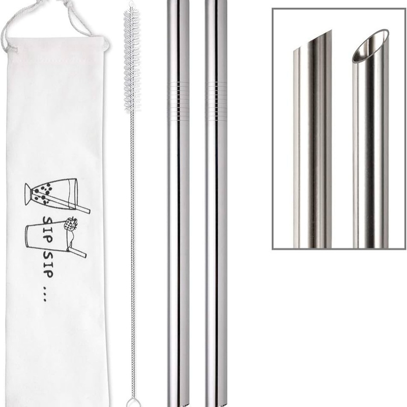 2 Reusable Boba Slanted Stainless Steel Metal Straws Suitable for Tea, Tapioca Pearls, and Milk