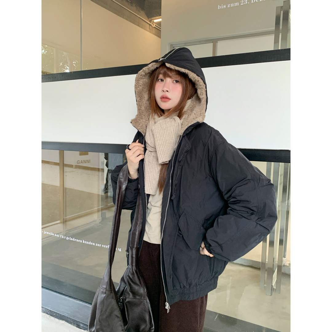 Gagd Retro Japanese Style Horn Button Lamb Wool Lapel Parka down Jacket Women's Winter 90 Velvet Design Casual Jacket