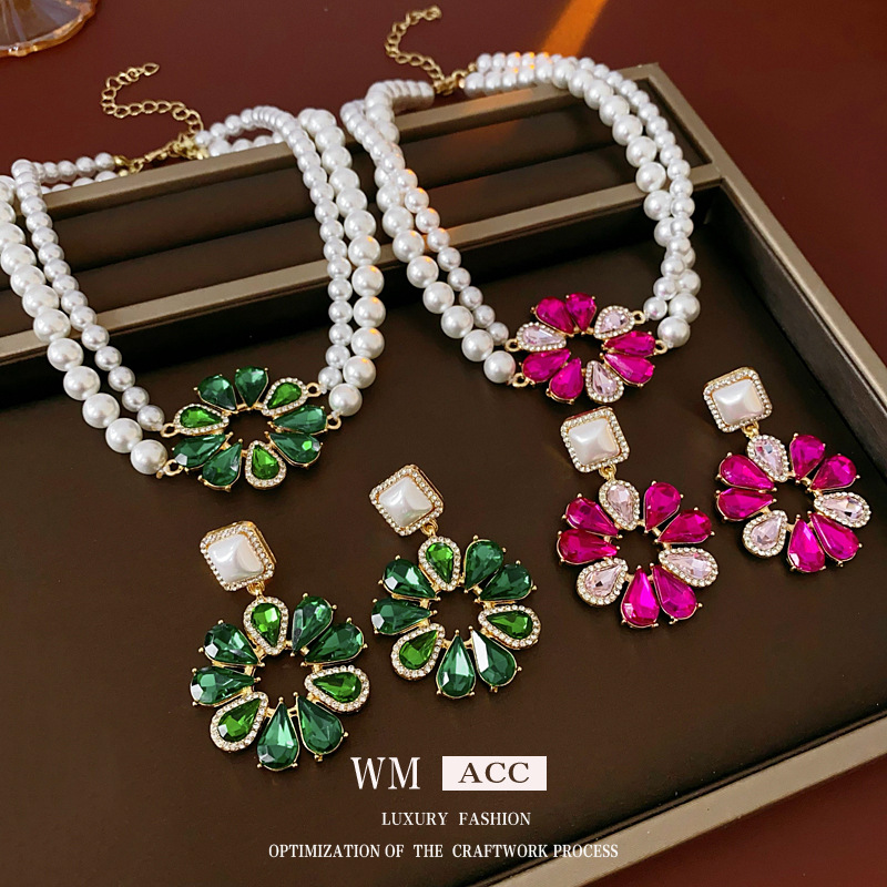Aguja de plata con diamantes flores pendientes de perlas collares de moda versátil cadena de clavícula multicapa ligera lujo conjunto de joyas de alta calidad