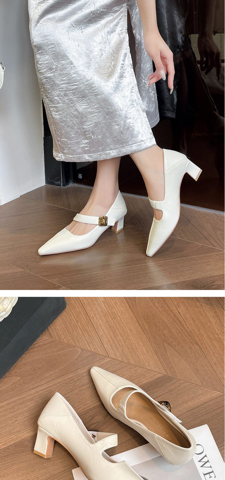 Giày cao gót nữ mũi vuông quai chéo thiết kế tối giản, gót thô 3–6 cm có thể gập gót — Màu nâu, Màu trắng ngà, màu đen chi tiết 7