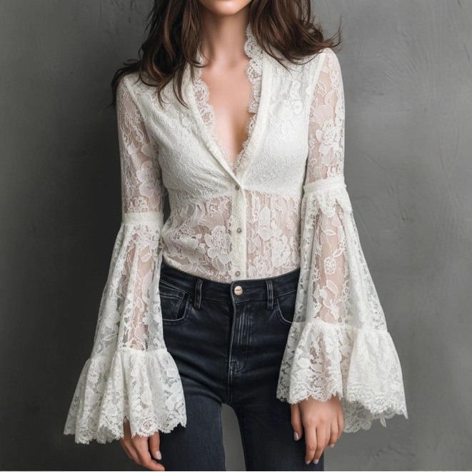 European and American Cross-Border Independent Station Ivory Lace Bell Sleeve Shirt - Retro Romance and Modern Elegance