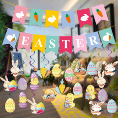 跨境復活節派對布置拉旗螺旋掛飾套裝happy easter拉旗批發定製