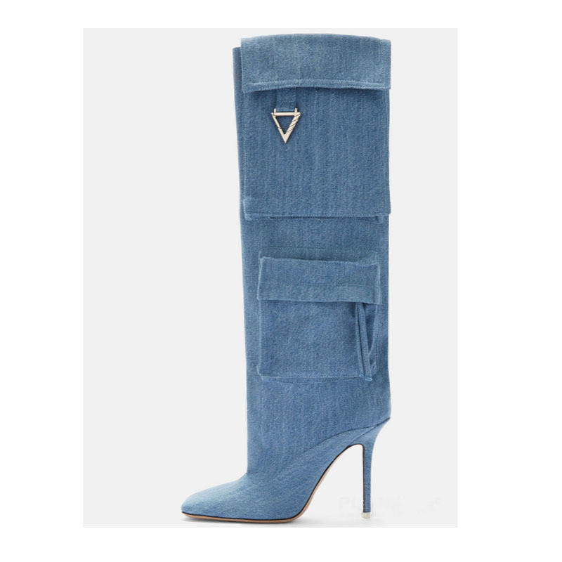 2026 New Style Thin High-Heeled Square-Toe Denim Pocket Fabric Knee-High Boots European and American Cross-Border Plus-Size Women's Long Boots 2026 New Style Thin High-Heeled Square-Toe Denim Pocket Fabric Knee-High Boots European and American Cross-Border Plus-Size Women's Long Boots