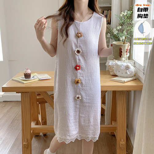 Summer Sleeveless Round Neck Nightdress with Fixed Bra Pads Handmade 3D Crochet Solid Color Cloud Cotton Camisole Dress in Multiple Colors
