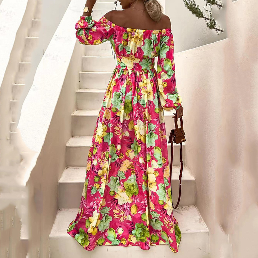Vestido veraniego europeo y americano estilo bohemio de vacaciones 2025, con hombros descubiertos, acampanado, sexy y estampado. image 9