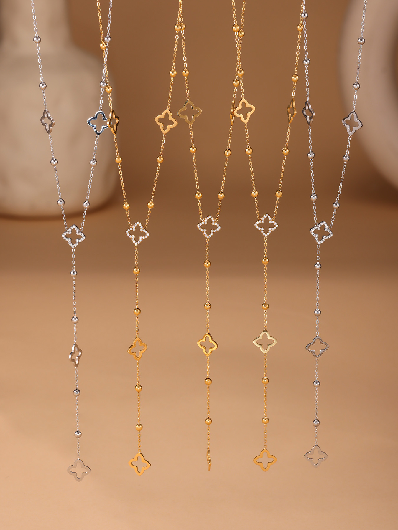 Collier Ras De Cou Double Couche Pendentif Fleur Trèfle Bijoux_voghion.com