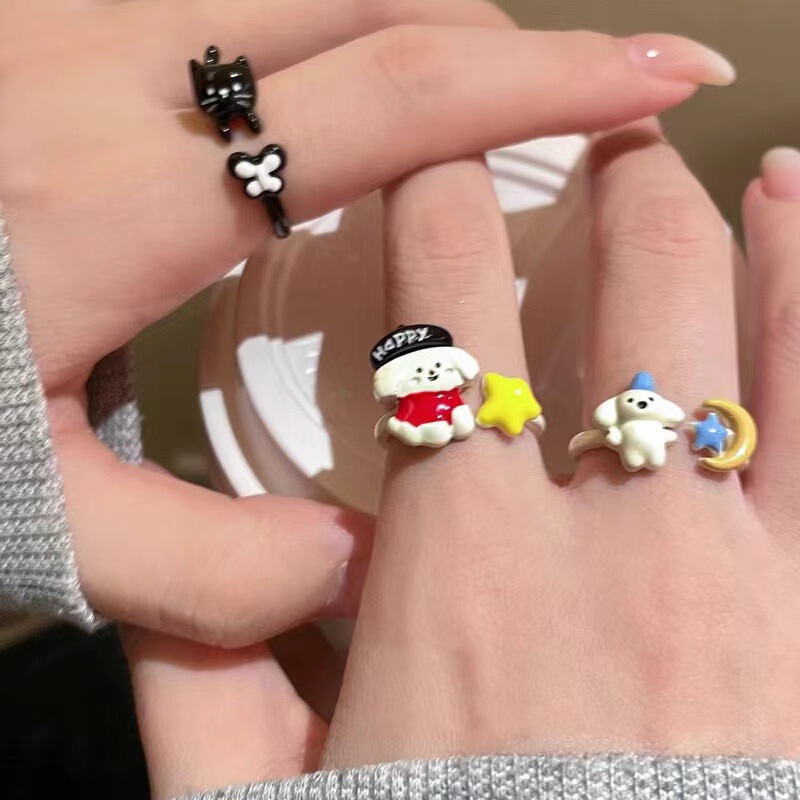 Childlike and Cute Puppy Dripping Glaze Ring for Women Niche Design Opening Adjustable Index Finger Ring Cartoon Sweet Ring Childlike and Cute Puppy Dripping Glaze Ring for Women Niche Design Opening Adjustable Index Finger Ring Cartoon Sweet Ring