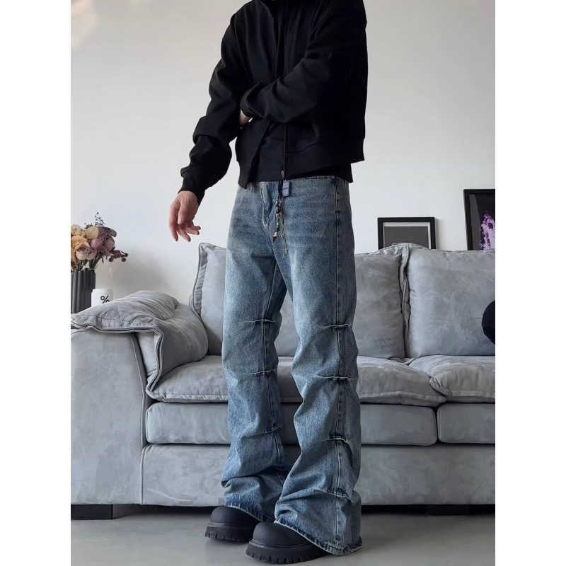 Men's Clothing high street side pleated design flared jeans loose distressed cleanfit wide leg trousers trend_voghion.com