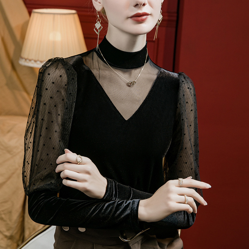 Velvet mesh stitching top women's slim-fit half turtleneck 2023 Autumn New Style royal sister style western style puff sleeve top