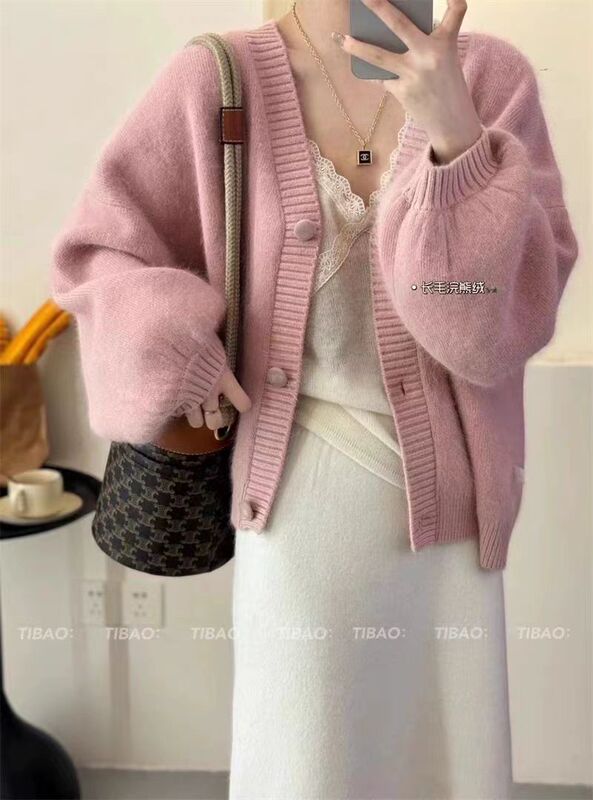 韩系慵懒风浣熊绒开衫毛衣外套女秋冬新款软糯加厚灯笼袖针织上衣|undefined