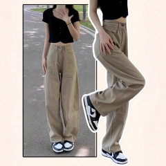 卡其色阔腿牛仔裤女夏高腰薄款显瘦宽松直筒阔腿裤女小个子垂感