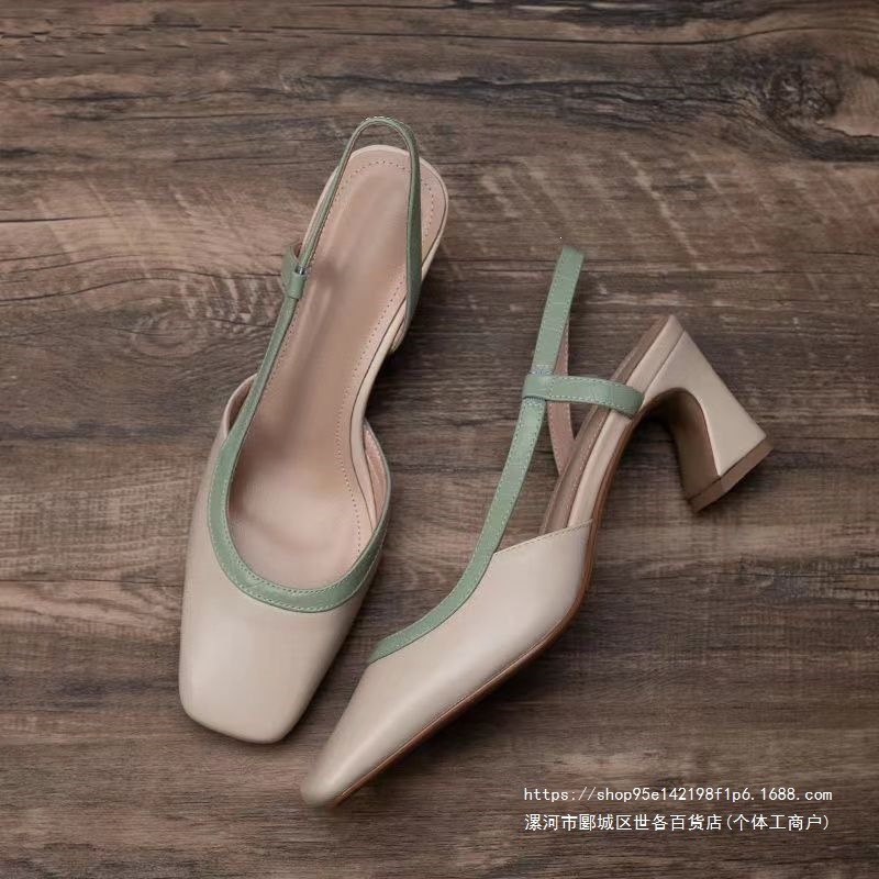 2026 New Style Soft Leather Color Block Chunky Heel Square Toe Closed Toe Sandals for Women; 2026 New Summer Wide Toe Mid-Heel High Heels