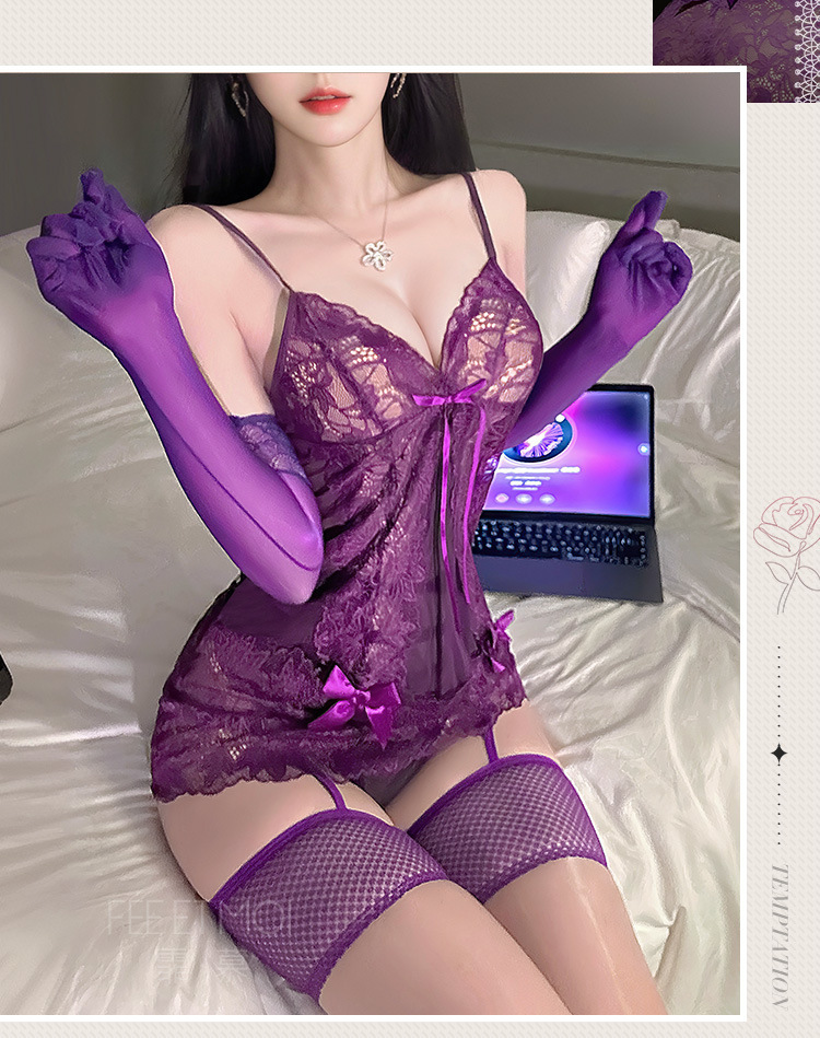 Feimu Hot Wave Deep V See-Through Nightgown 7801 Purple Lace Mesh Lingerie Set with Thong — detail image 19