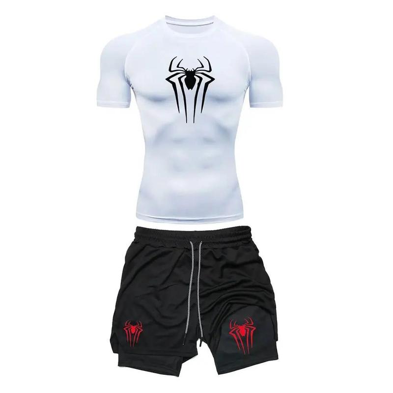 男子のトレーニング圧縮集Y2Kスパイダープリントジムtシャツ通気ランニングパンツ速乾運動皮|undefined