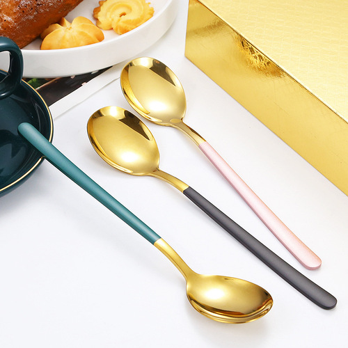 304 stainless steel spoon Korean thickened dessert spoon coffee spoon long handle stirring spoon household eating spoon
