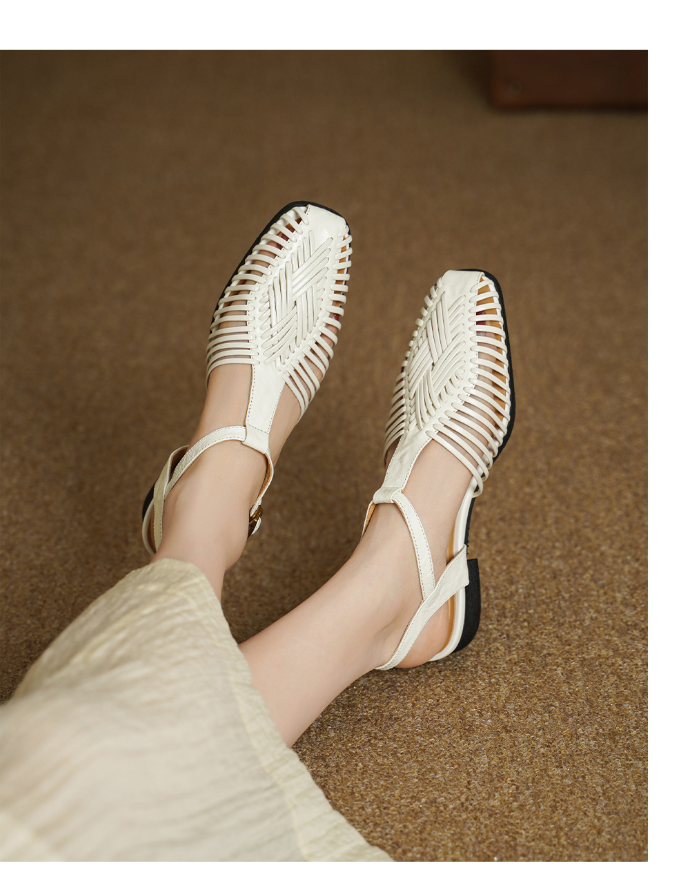 Sandal nữ quai dệt mảnh mũi vuông gót phẳng — màu nâu chi tiết 3