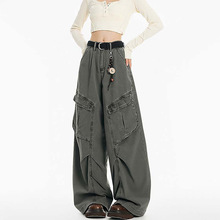 美式复古牛仔工装裤女秋冬新款大口袋宽松阔腿显瘦褶皱直筒长裤子