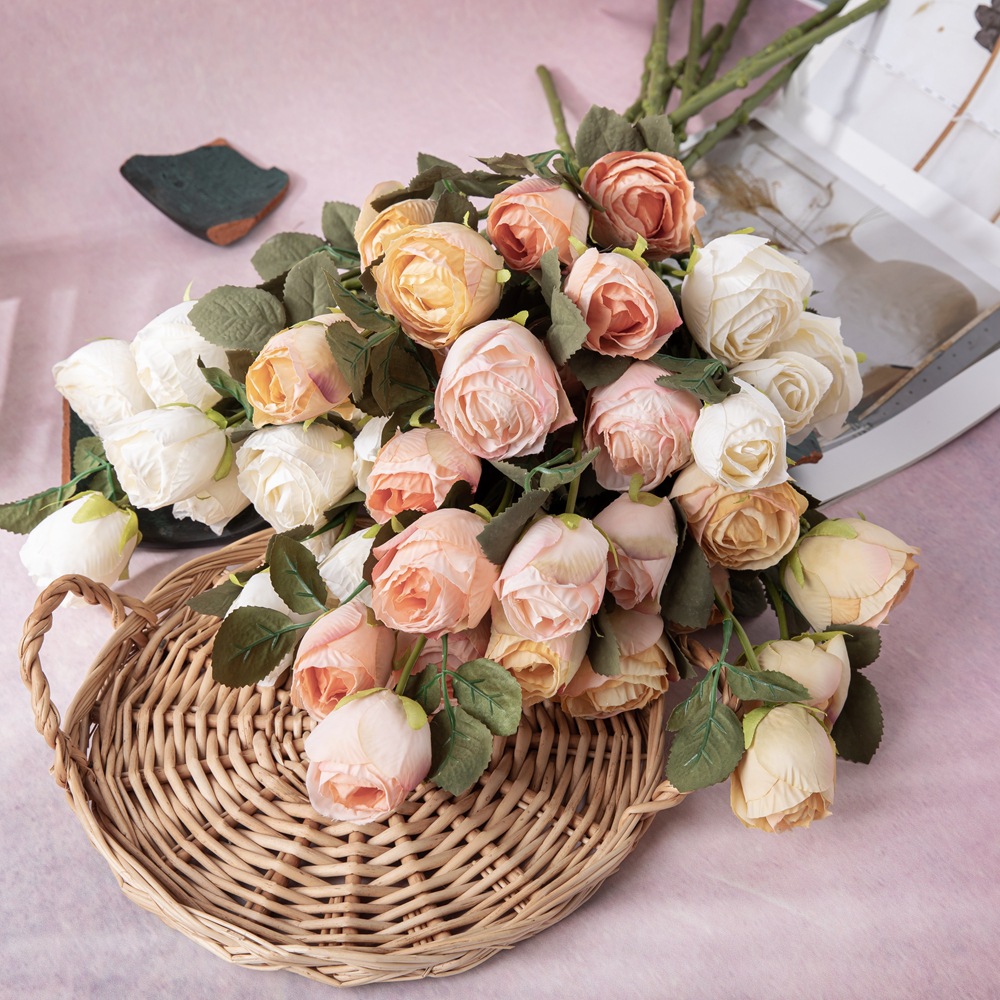 廠家干燒五頭玫瑰仿真花家居裝飾跨境婚慶INS風批發假花YC1017