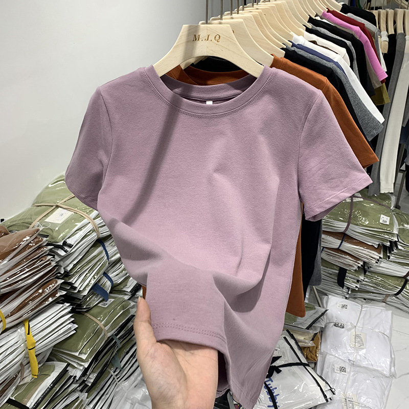 Elastic thread cotton European cargo shoulder casual solid color short-sleeved T-shirt for women 2024 New slim bottoming shirt top for women Elastic thread cotton European cargo shoulder casual solid color short-sleeved T-shirt for women 2024 New slim bottoming shirt top for women