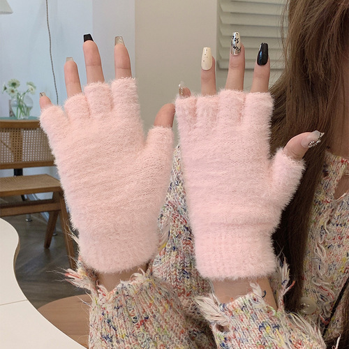 Warm and Cozy Half-Finger Knit Gloves for Women - Winter Fleece Touchscreen Compatible, Versatile for Office, Students, and Writing