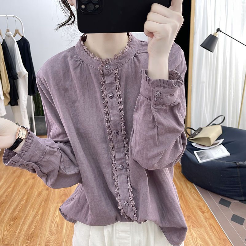 Lotus Leaf Sleeve Cotton Long-Sleeved Shirt Women's Lace Splicing Top 2025 Spring & Fall Loose Retro Stand-Up Collar Bottoming Shirt Lotus Leaf Sleeve Cotton Long-Sleeved Shirt Women's Lace Splicing Top 2025 Spring & Fall Loose Retro Stand-Up Collar Bottoming Shirt