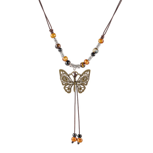 New Chinese style handmade retro butterfly ceramic necklace for women, ethnic style, national trend, ancient style clavicle chain, drawstring neck chain, wholesale