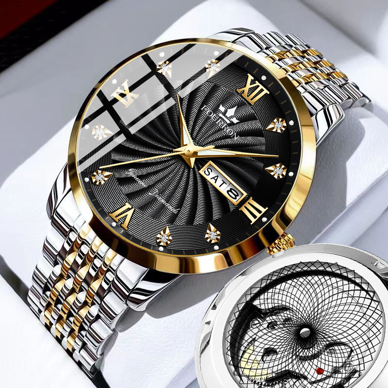 Watch Men's Diamond Hollow Quartz Double Calendar in stock TEMU Luminous Fake Mechanical Fashion Simple Foreign Trade