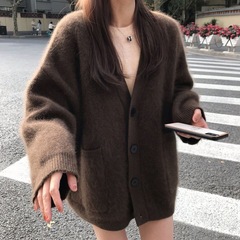 浣熊绒咖啡色毛衣外套春秋复古日系宽松慵懒风中长款针织开衫上衣