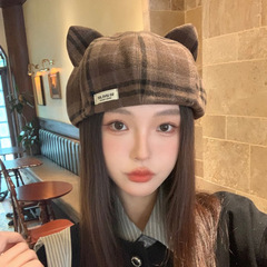 复古格纹猫耳朵贝雷帽子女春秋显脸小百搭毛呢画家帽保暖南瓜帽