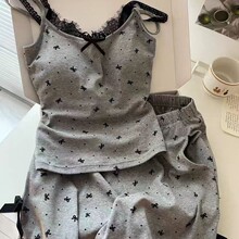 外贸纯欲带胸垫蝴蝶结吊带睡衣女春夏季年修身新款家居服套装外穿