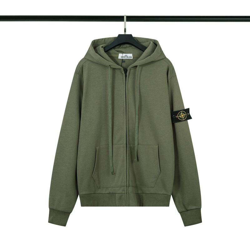 Stone Cardigan Hooded Zip-Up Sweatshirt Unisex Casual Solid Color Sleeve Patch Loose Ins Style Trendy Jacket