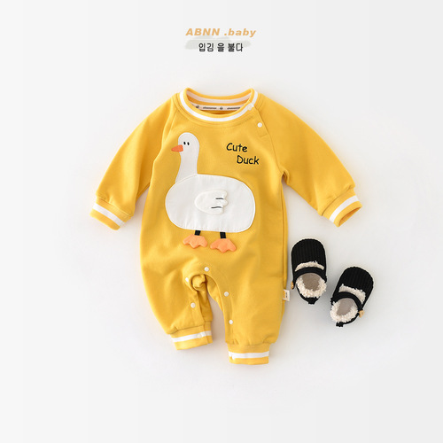 Newborn one-piece fun big white duck Western-style crawling suit baby autumn wear baby clothes baby cotton long crawling full moon