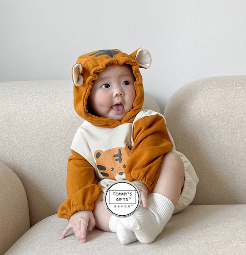 24 spring new Korean baby jumpsuit ins style tiger style hooded baby bag fart clothing baby harem