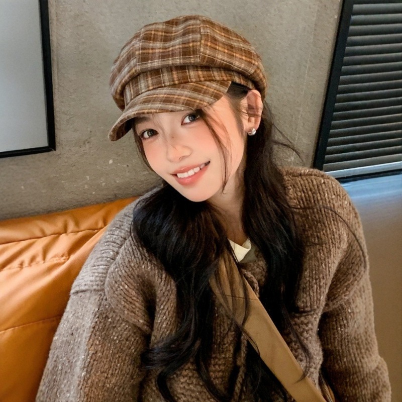 日系复古格纹新款八角帽女春秋季百搭时尚贝雷帽气质显脸小画家帽|undefined