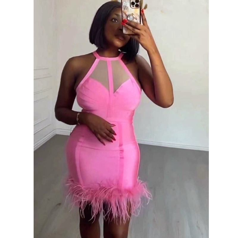 AliExpress Hot Bright Pink Tight Waist Hip Piece Perspective Feather Skirt Sleeveless Dress Sweet Spicy Bandage Dress