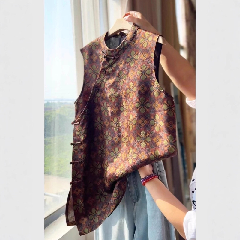 New Chinese-Style Brown Jacquard Sleeveless Shirt for Women, Summer Diagonal Collar Buttoned Top, National Style Improved Tang Suit Vest