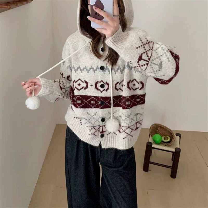 New Korean Jacquard Fashion Knitted Cardigan Top, Lazy Loose Fit, Slimming Hooded Casual Age-Reducing Sweater for Women