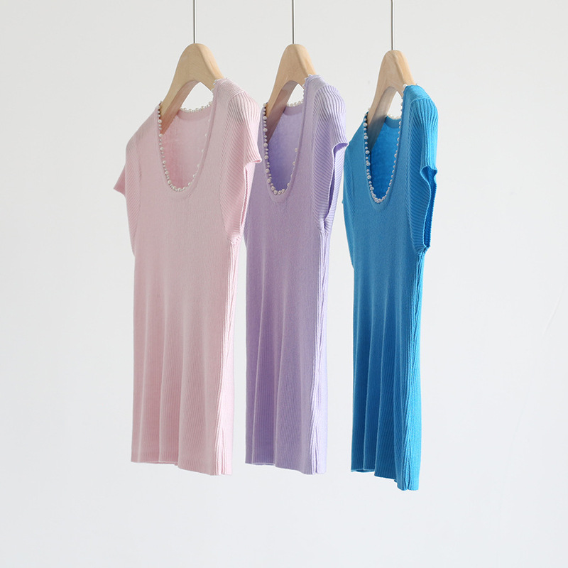 Elegant Commuter Style Pearl U-Neck Cap Sleeve Knit Sweater Solid Color Pullover T-Shirt Slim Fit Versatile Women's Top