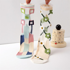 Summer socks, women's socks, cotton-soled crystal stockings, fairy-style glass card stockings, women's thin trendy socks, mid-calf socks