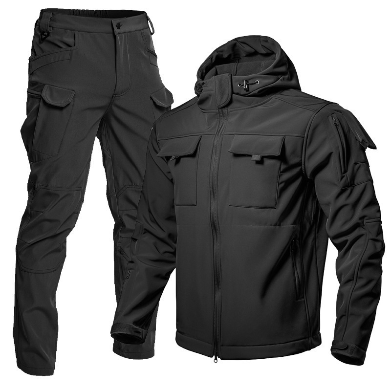 Outdoor Sharkskin Softshell Jacket Set for Men, Fleece-Lined, Thickened, Windproof, Military Tactical Mountaineering Clothing, Camouflage Hooded Outdoor Sharkskin Softshell Jacket Set for Men, Fleece-Lined, Thickened, Windproof, Military Tactical Mountaineering Clothing, Camouflage Hooded