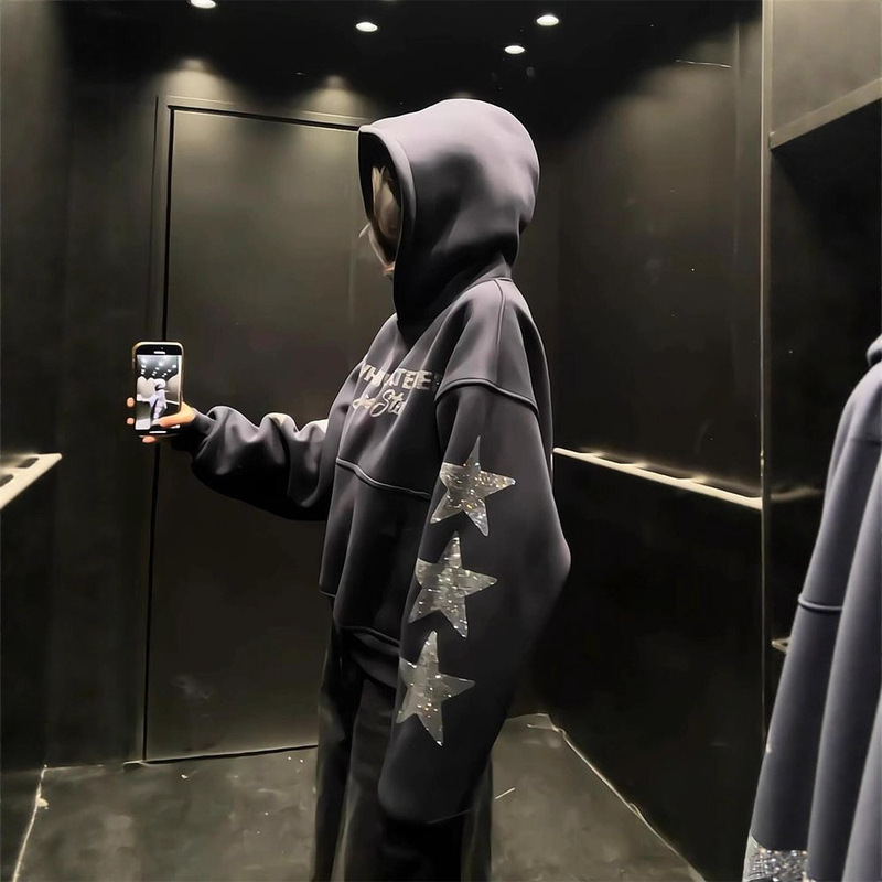 Korean Rhinestone Star Fleece-Lined Warm Hooded Sweatshirt Autumn and Winter Style Lettered Rhinestone Hoodie for Petite Individuals New Spring Model Korean Rhinestone Star Fleece-Lined Warm Hooded Sweatshirt Autumn and Winter Style Lettered Rhinestone Hoodie for Petite Individuals New Spring Model