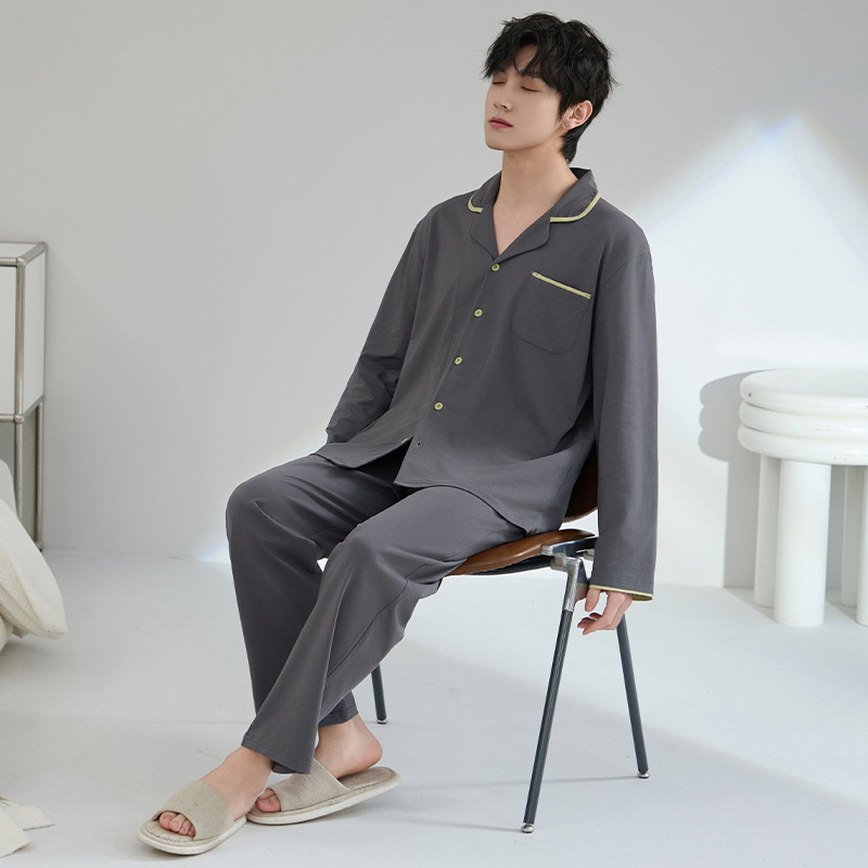 Pijama de hombre primavera y otoño algodón de manga larga juvenil suelto más grande cardigan a rayas con collar conjunto de ropa de casa