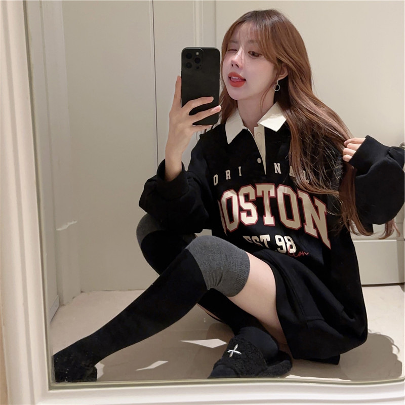 Korean College Style Polo Collar Super Good-looking Sweat Women's Spring 2025 New Casual Lazy Style Mid-length Top Korean College Style Polo Collar Super Good-looking Sweat Women's Spring 2025 New Casual Lazy Style Mid-length Top